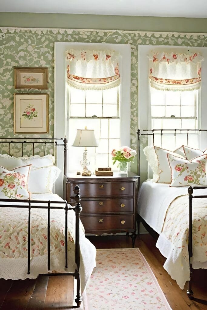 Traditional Small Shared Bedroom With Antique Furniture And Lace Curtains