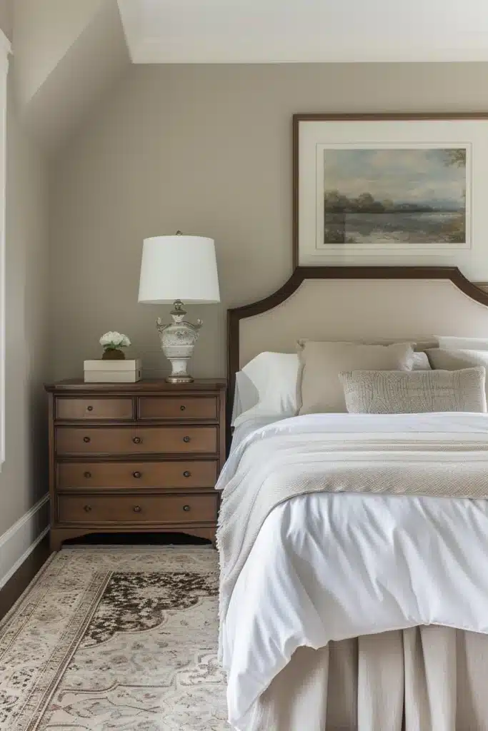 Transitional bedroom mixing modern and traditional furniture