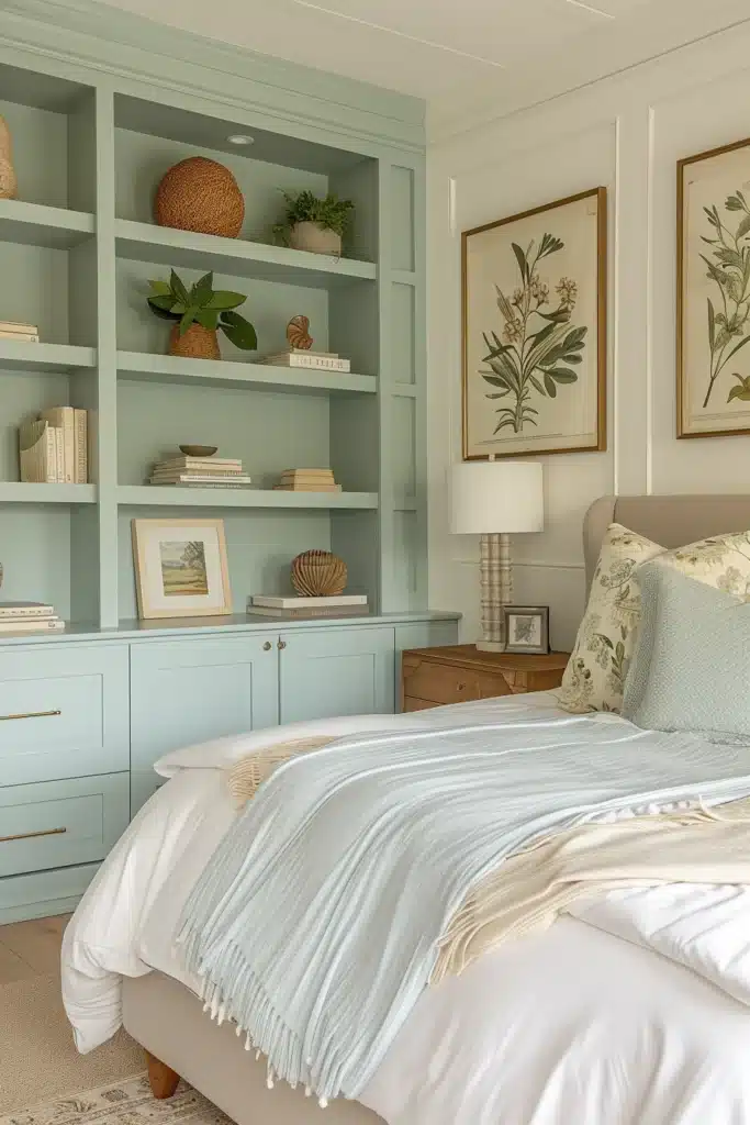 Transitional bedroom with built-in shelving