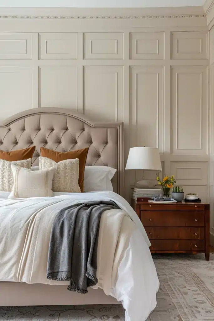 Transitional bedroom with classic moldings