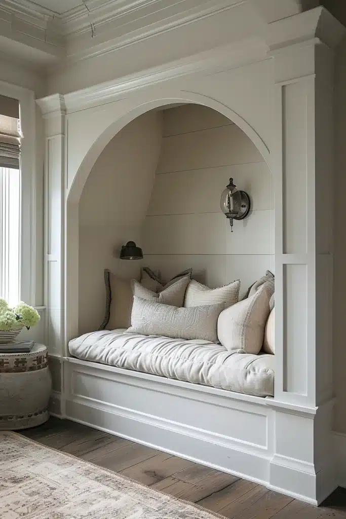 Transitional bedroom with cozy reading nook