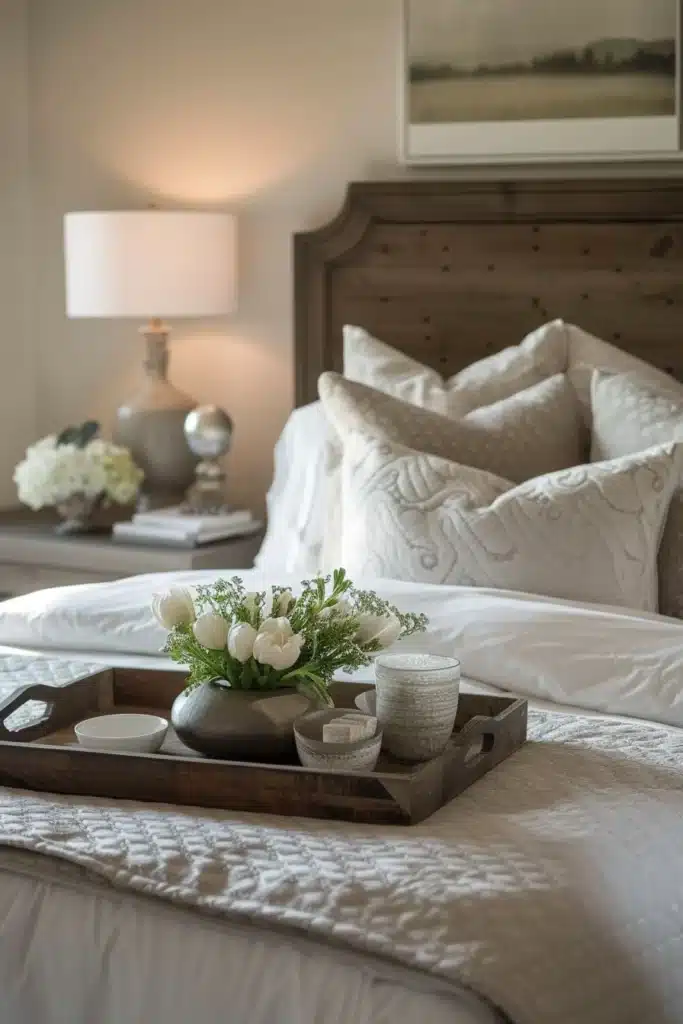 Transitional bedroom with decorative trays or bowls