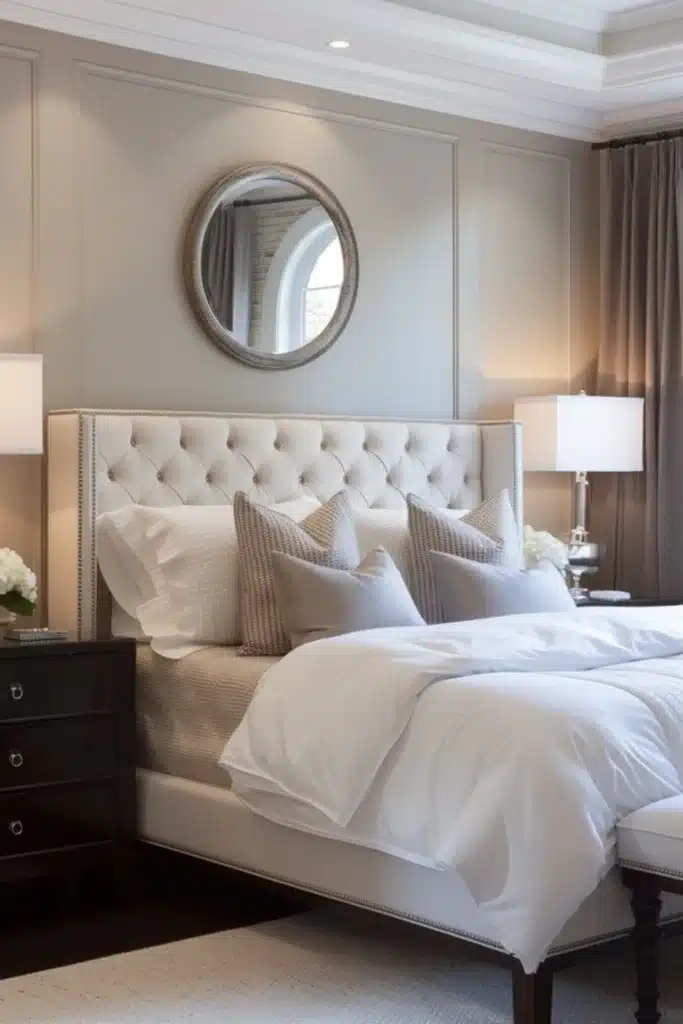 Transitional bedroom with elegant mirrors