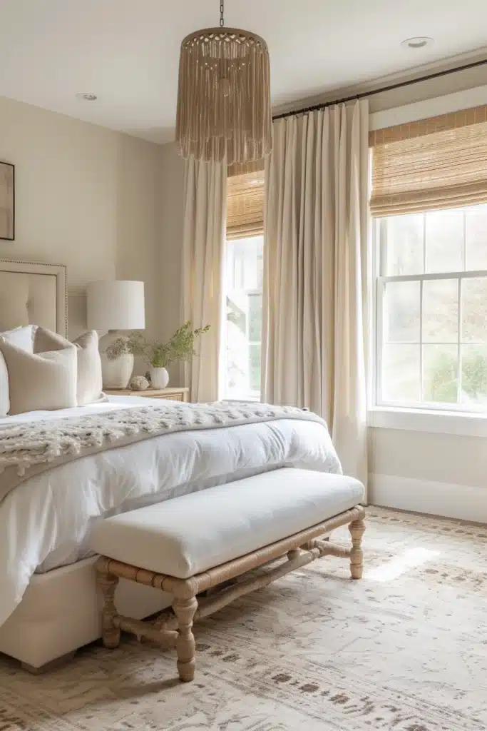 Transitional bedroom with functional stylish window treatments