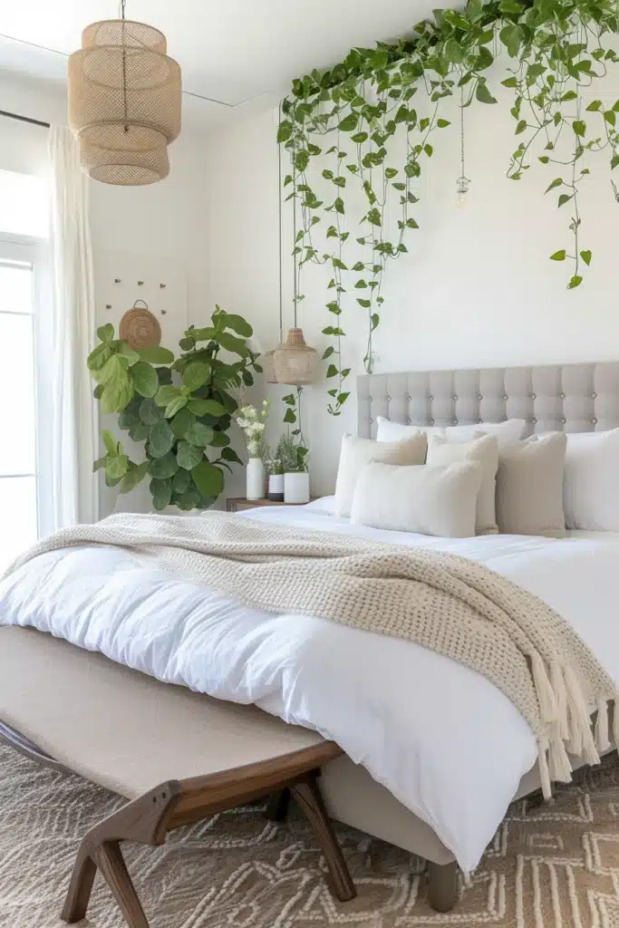 Transitional bedroom with greenery or fresh flowers