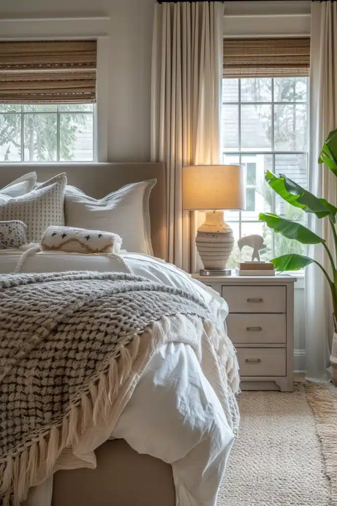 Transitional bedroom with layered, textured bedding