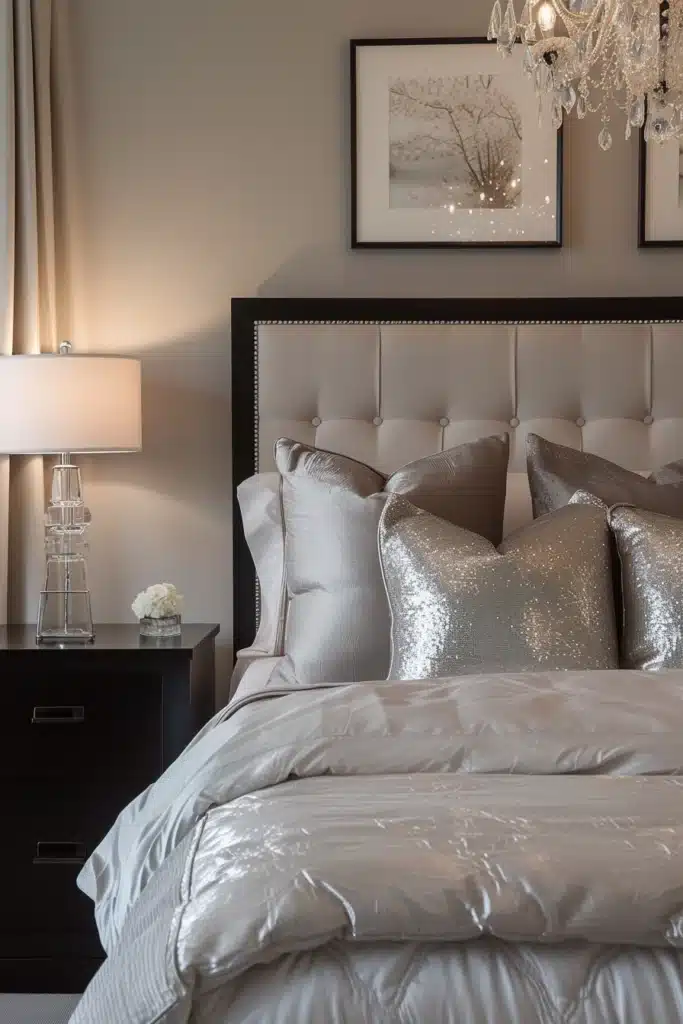 Transitional bedroom with luxurious throw pillows