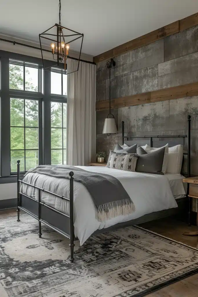 Transitional bedroom with metal and wood elements