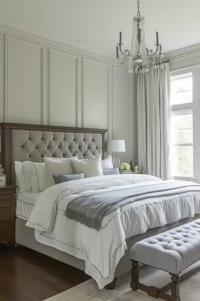 Transitional bedroom with monogrammed linens