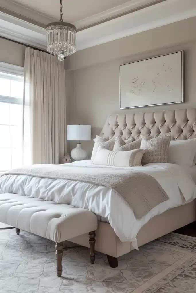 Transitional bedroom with muted color accents