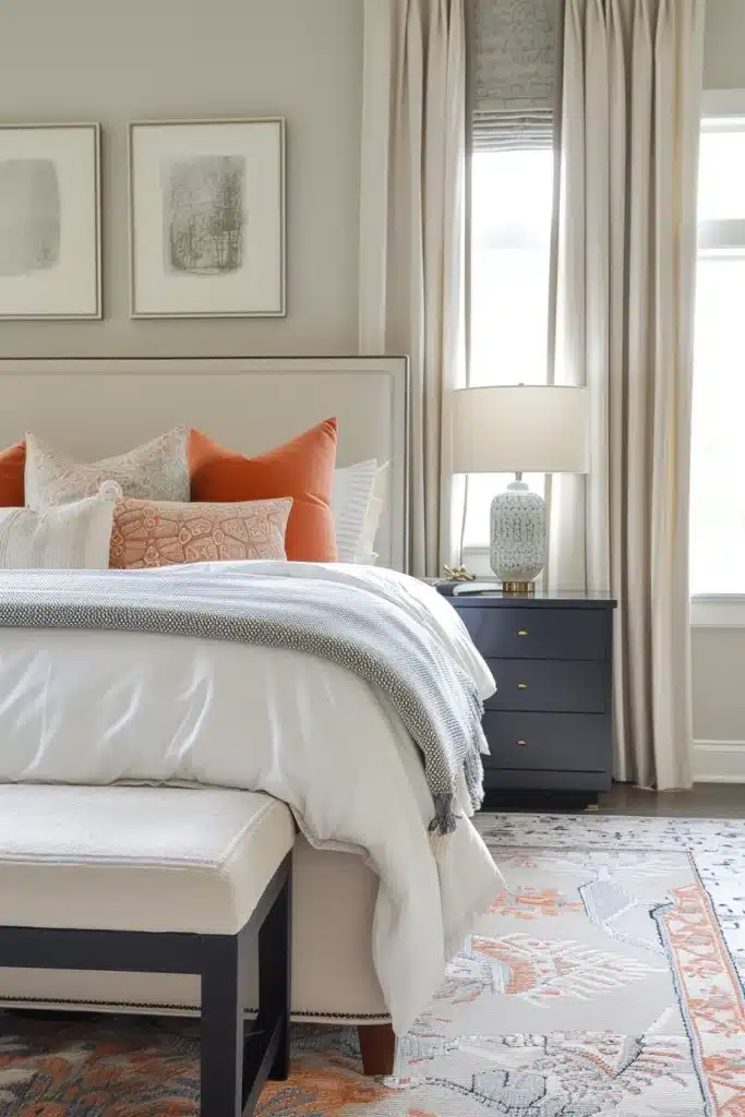 Transitional bedroom with neutral colors and pops of color