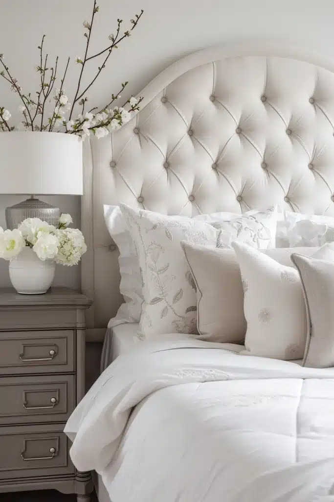 Transitional bedroom with soft neutral upholstered headboard