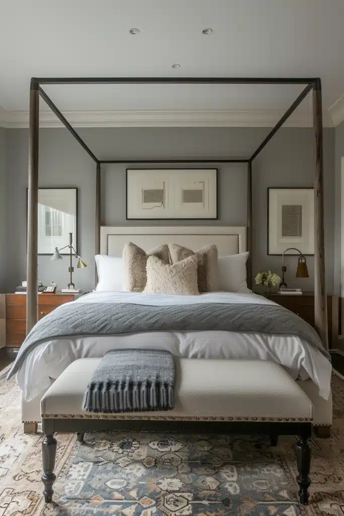Transitional bedroom with statement bed frame