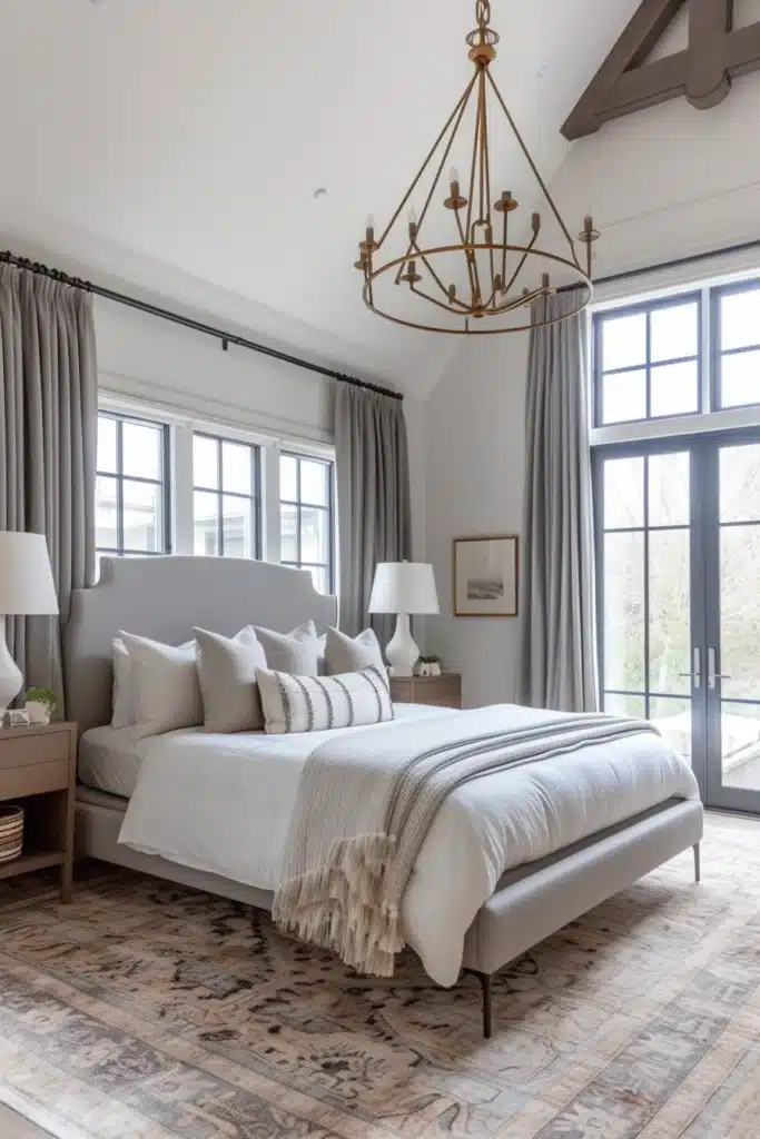 Transitional bedroom with statement lighting fixtures