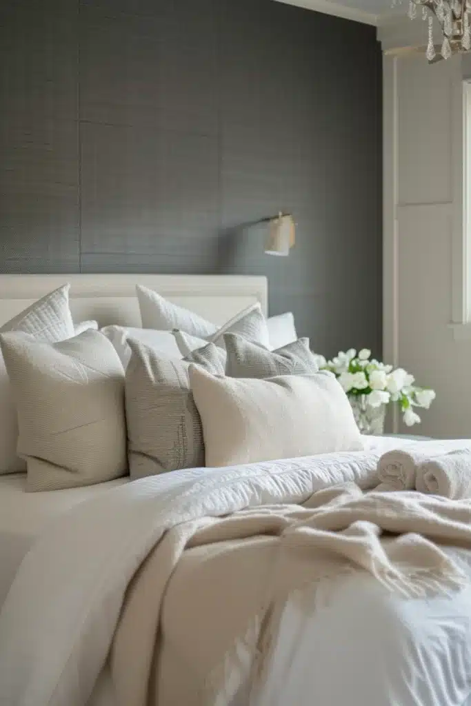 Transitional bedroom with subtle textured accent wall