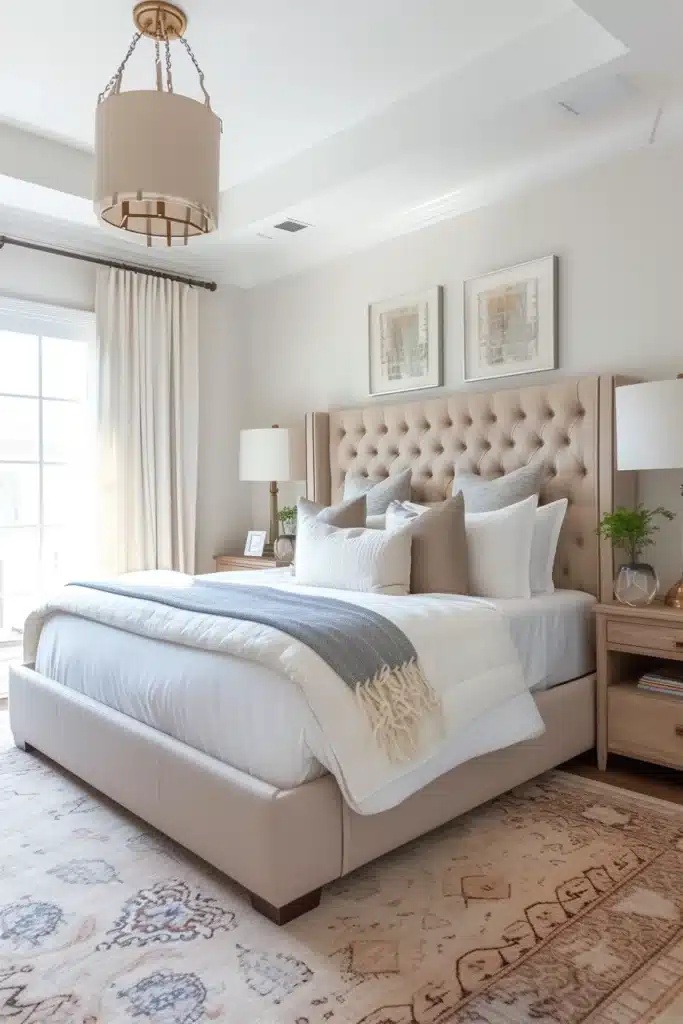 Transitional bedroom with symmetrical bedside tables and lamps