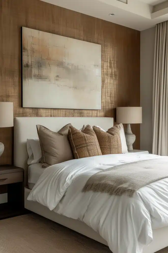 Transitional bedroom with textured wall art