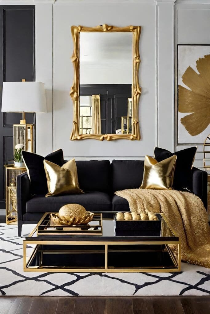Trendy Black and Gold Living Room with Fashionable Furnishings and Chic Decor