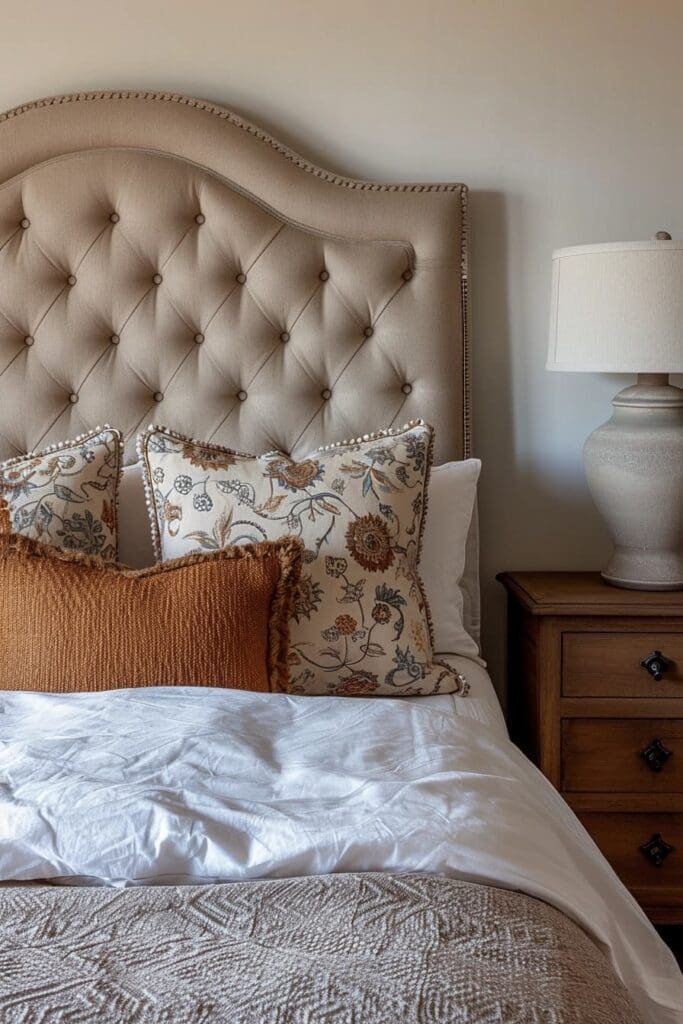 a tan bedroom with An Upholstered Headboard