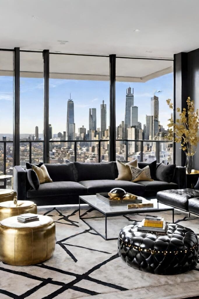 Urban Black and Gold Living Room with Cityscape Views and Contemporary Art