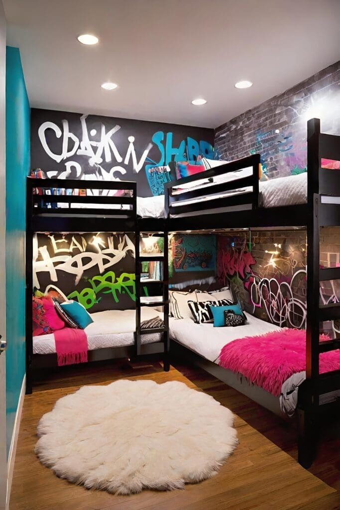 Urban Small Shared Bedroom With Graffiti Murals And Lofted Beds