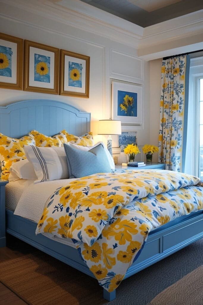  yellow and blue bedroom with Floral Patterns
