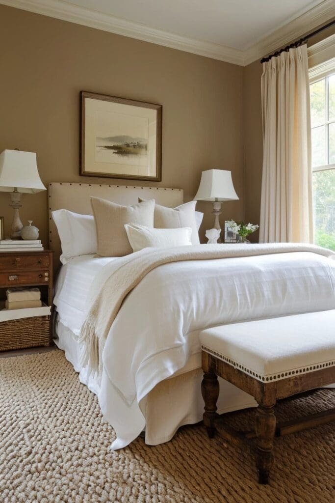 tan bedroom with White Bedding