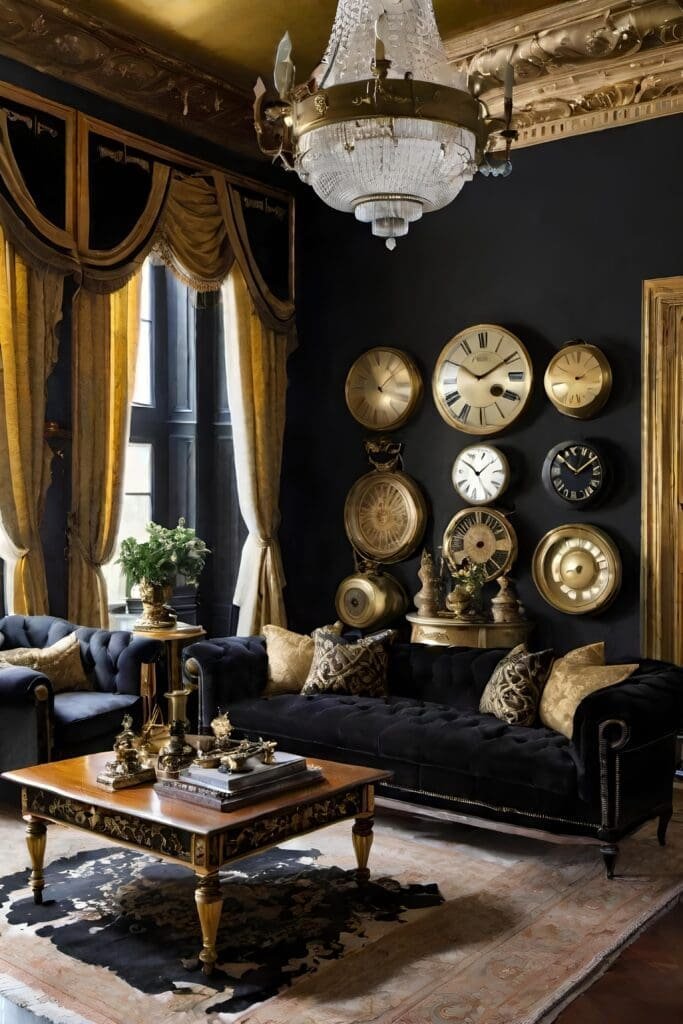 Vintage Black and Gold Living Room with Antique Clocks and Rich Drapery