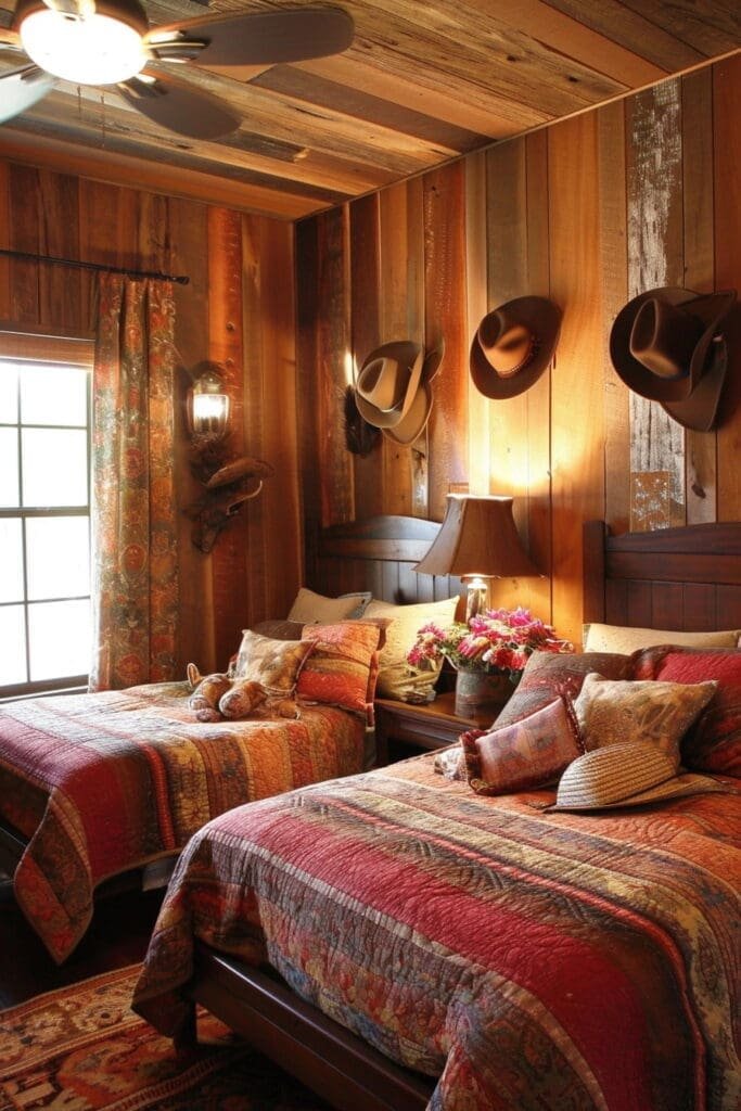 Western-Themed Bedroom with Cowboy Hats as Decor