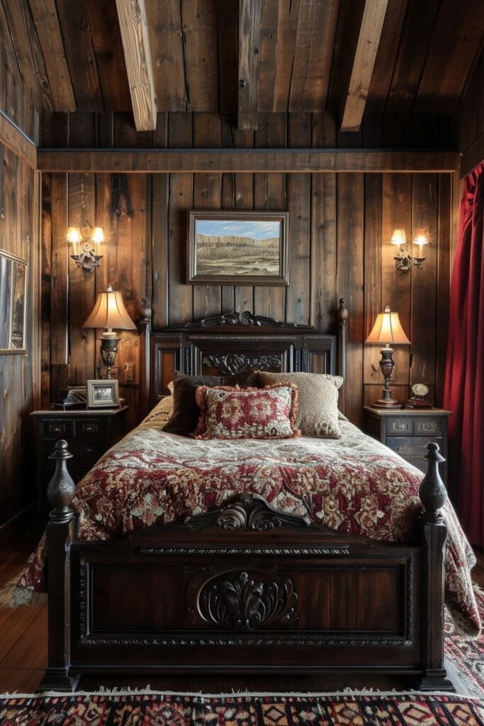 Western-Themed Bedroom with Dark, Rich Colors