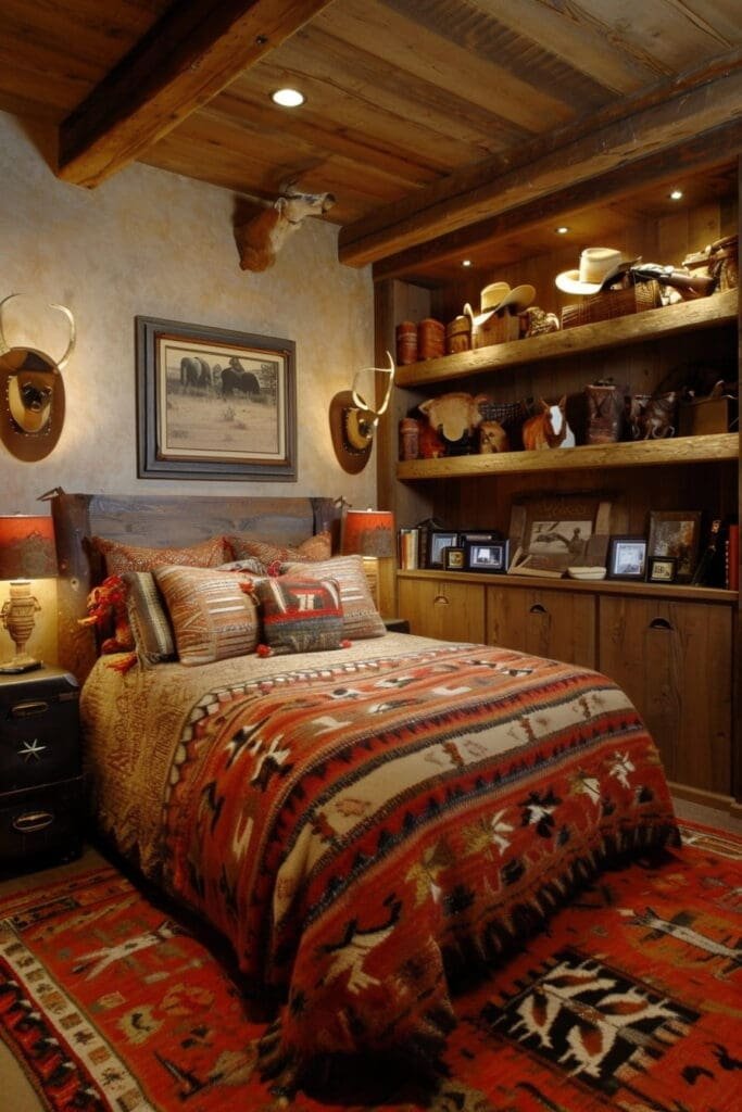 Western-Themed Bedroom with Shelves with Western Memorabilia