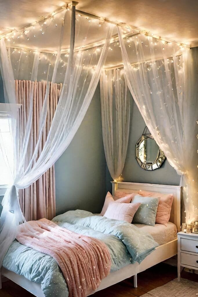 Whimsical Small Shared Bedroom With Fairy Lights And Dreamy Canopies