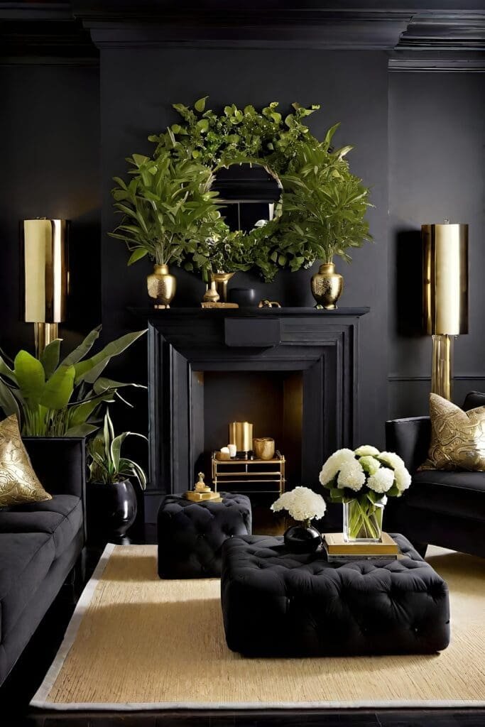 Zen Black and Gold Living Room with Balanced Elements and Serene Atmosphere