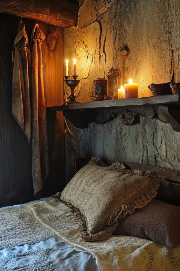 a witch bedroom with a Chalice and Candles Shelf