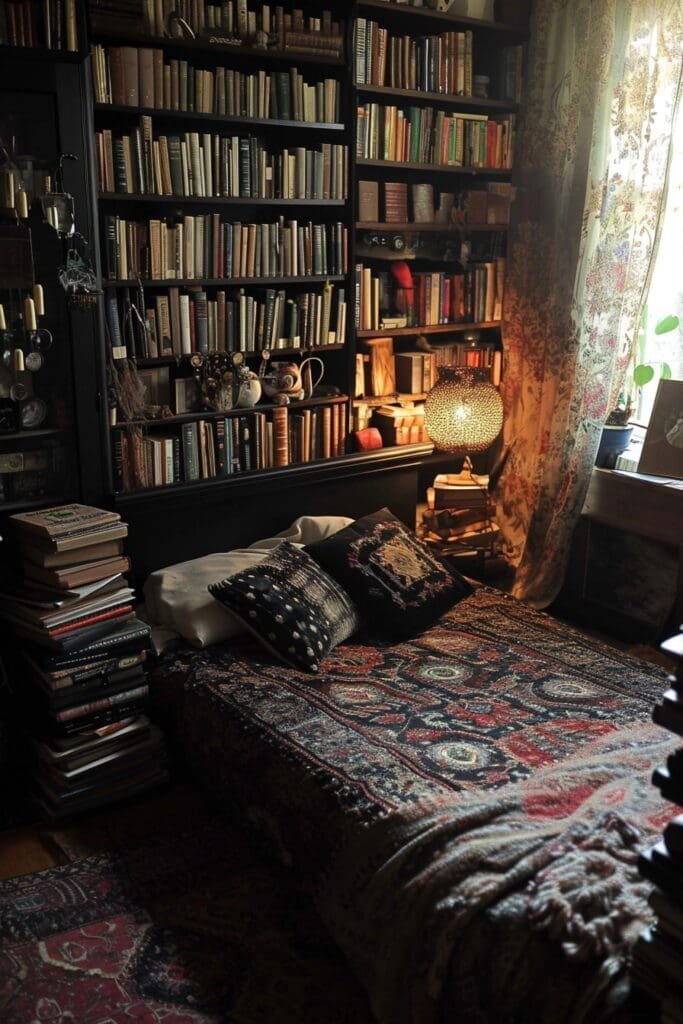 a witchy bedroom with Themed Books
