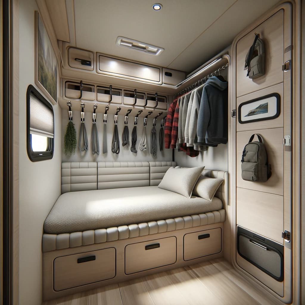 small rv bed area with hanging hooks
