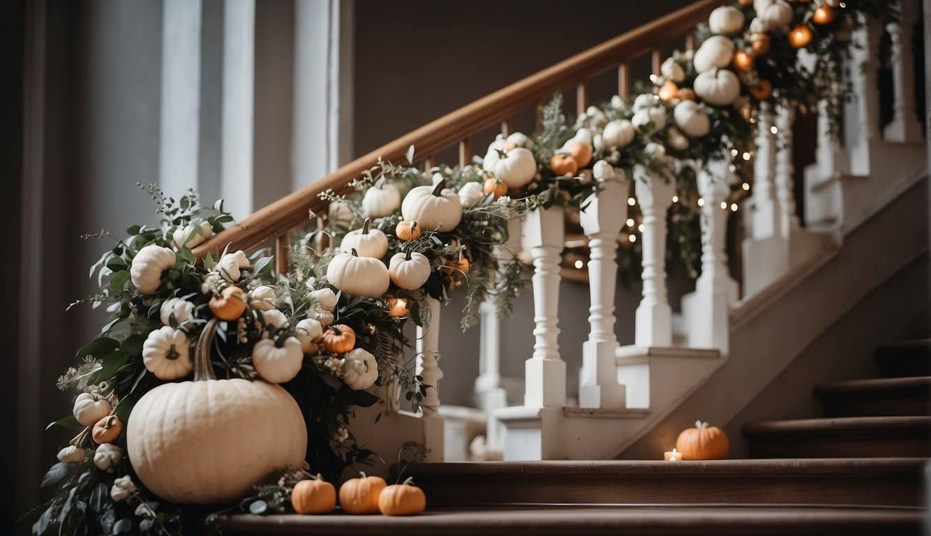 Elegant White Pumpkin Staircase Garland