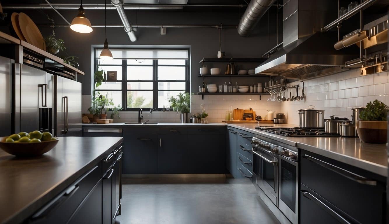 Industrial Style Galley Kitchen with Stainless Steel Appliances