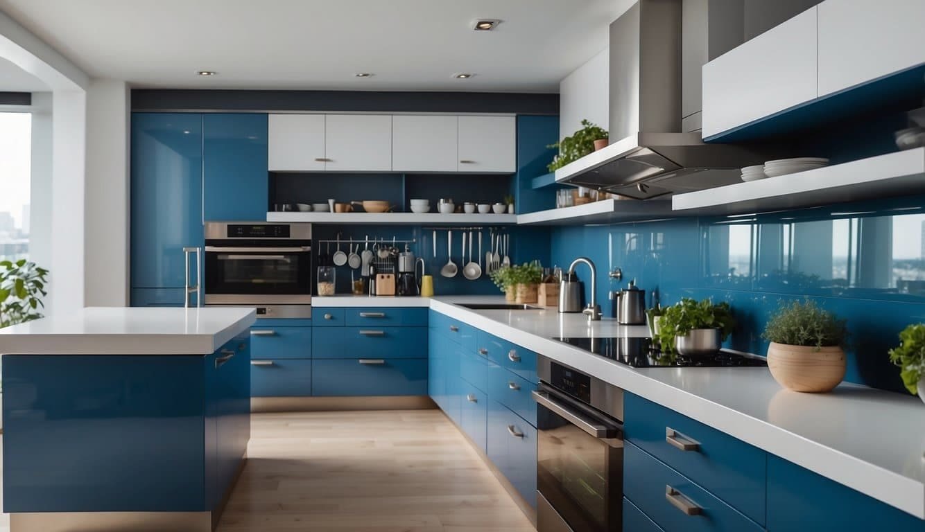 Galley Kitchen Featuring Bold Blue Cabinetry