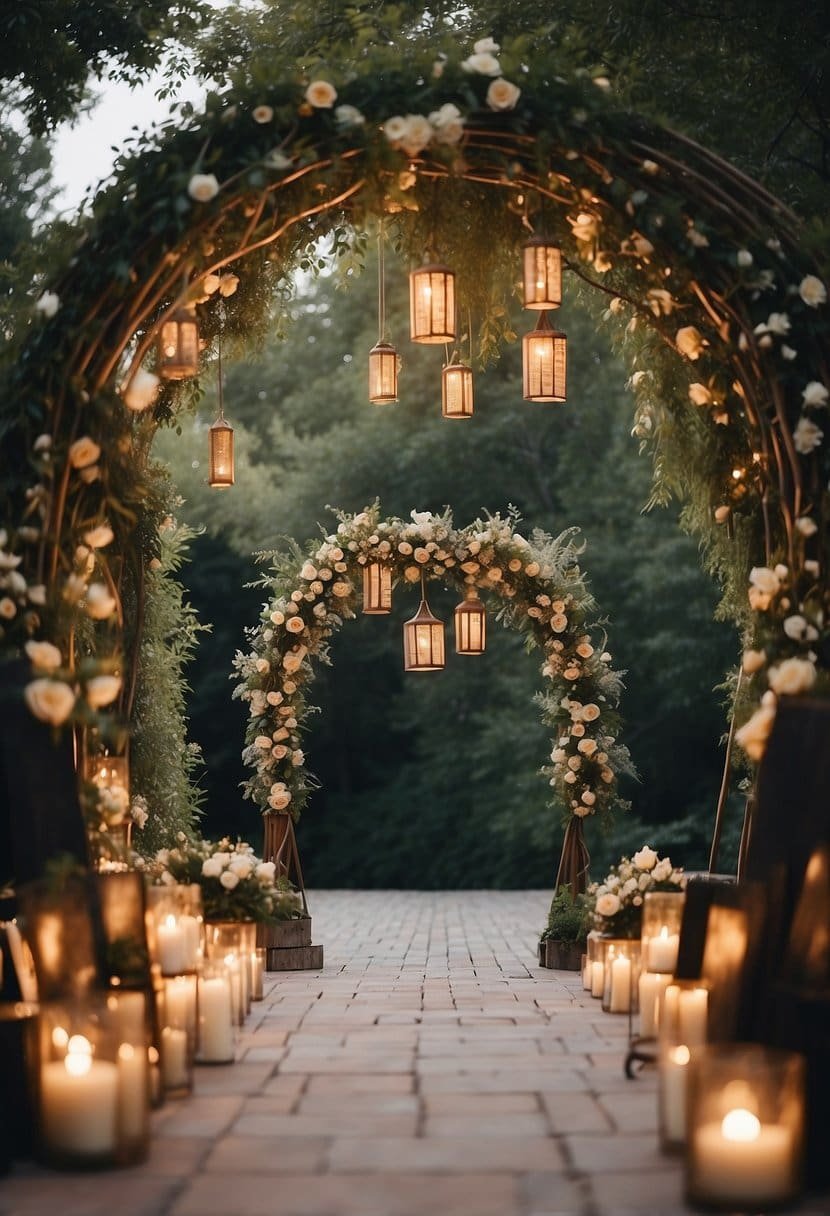 A cozy outdoor ceremony with a simple arch adorned with flowers. Lanterns hanging from trees, small tables with candles and greenery