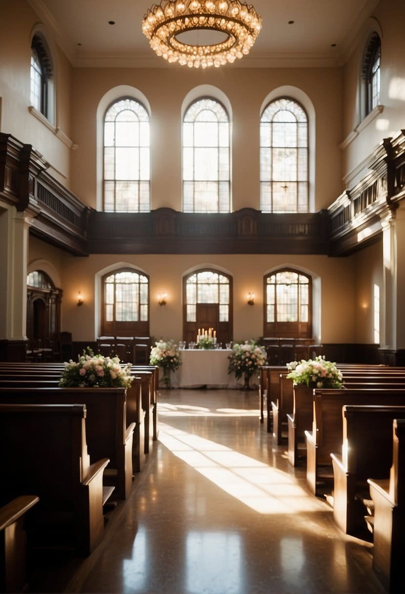 A historic courthouse with a small wedding ceremony, adorned with flowers and elegant decor. Sunlight streams through the windows, casting a warm glow over the intimate gathering