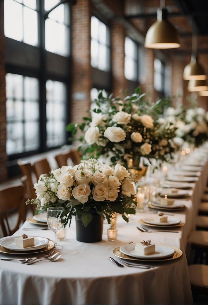 A chic urban loft with modern decor, soft lighting, and elegant floral arrangements. A small gathering of stylishly dressed guests celebrating a wedding ceremony