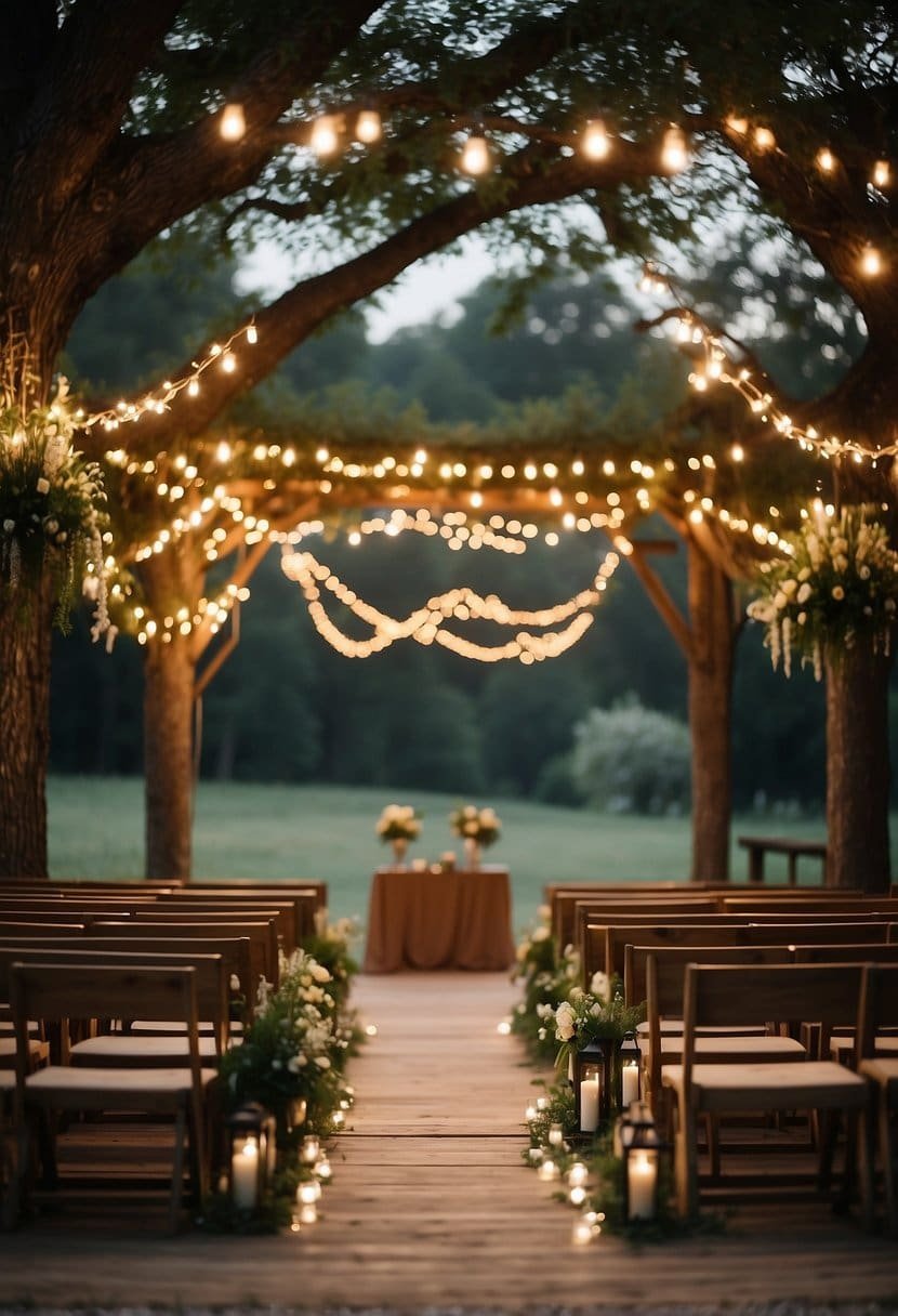 A rustic barn set for a small wedding, with string lights, wildflower bouquets, and a simple wooden altar under a sprawling oak tree