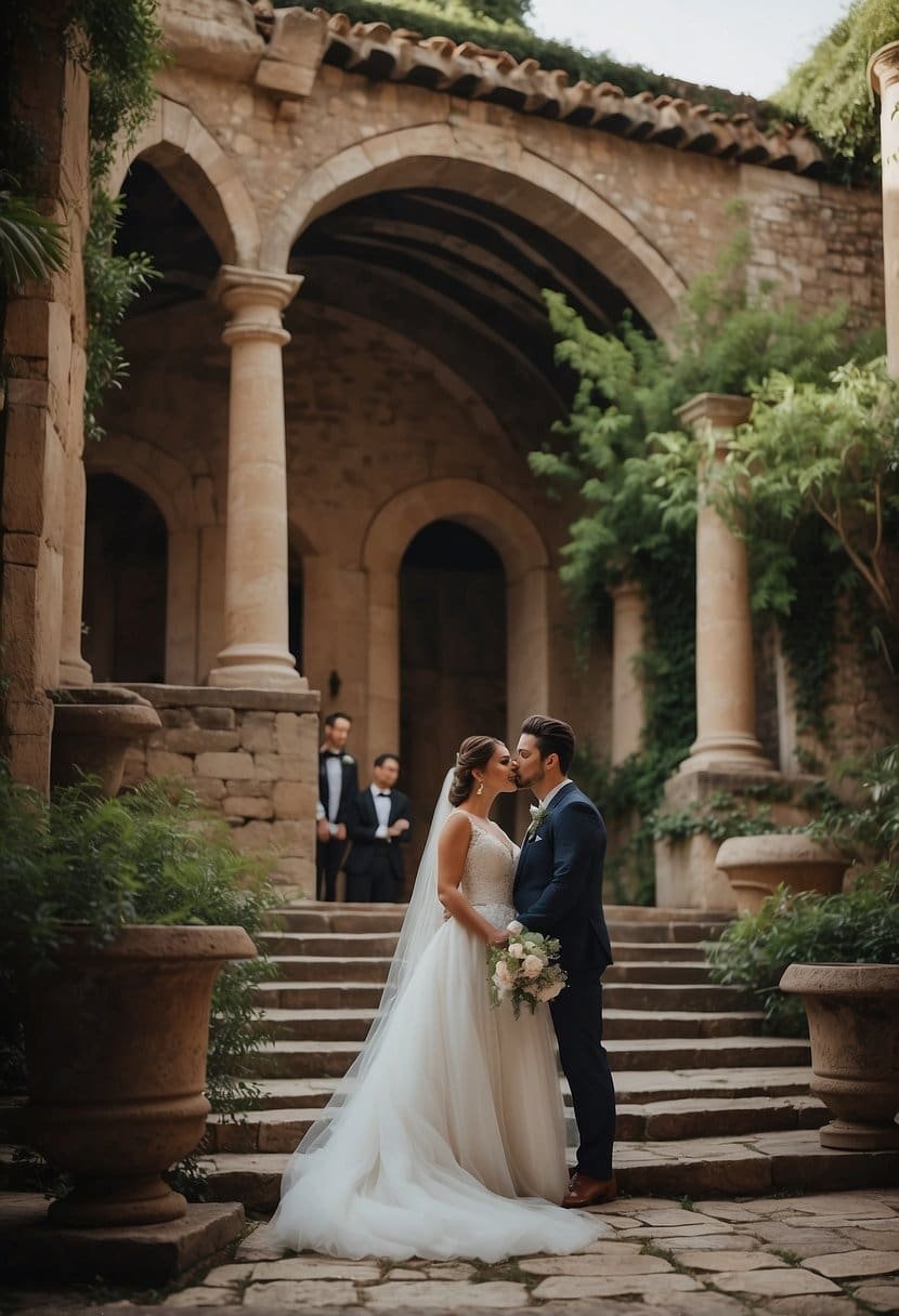 A small wedding takes place at a historic cultural site, with ancient architecture and lush greenery in the background