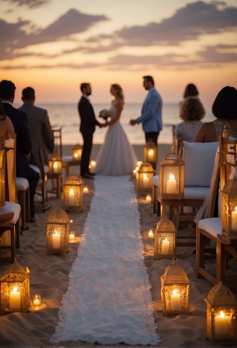 A serene beach with a colorful sunset as the backdrop for an intimate wedding ceremony. The soft golden light casts a warm glow over the small gathering of guests and the simple yet elegant decorations