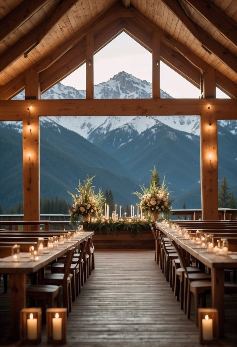 A cozy mountain lodge with a rustic wooden altar, surrounded by pine trees and snow-capped mountains. Tables adorned with wildflower centerpieces and twinkling lights create an intimate atmosphere for the small wedding celebration