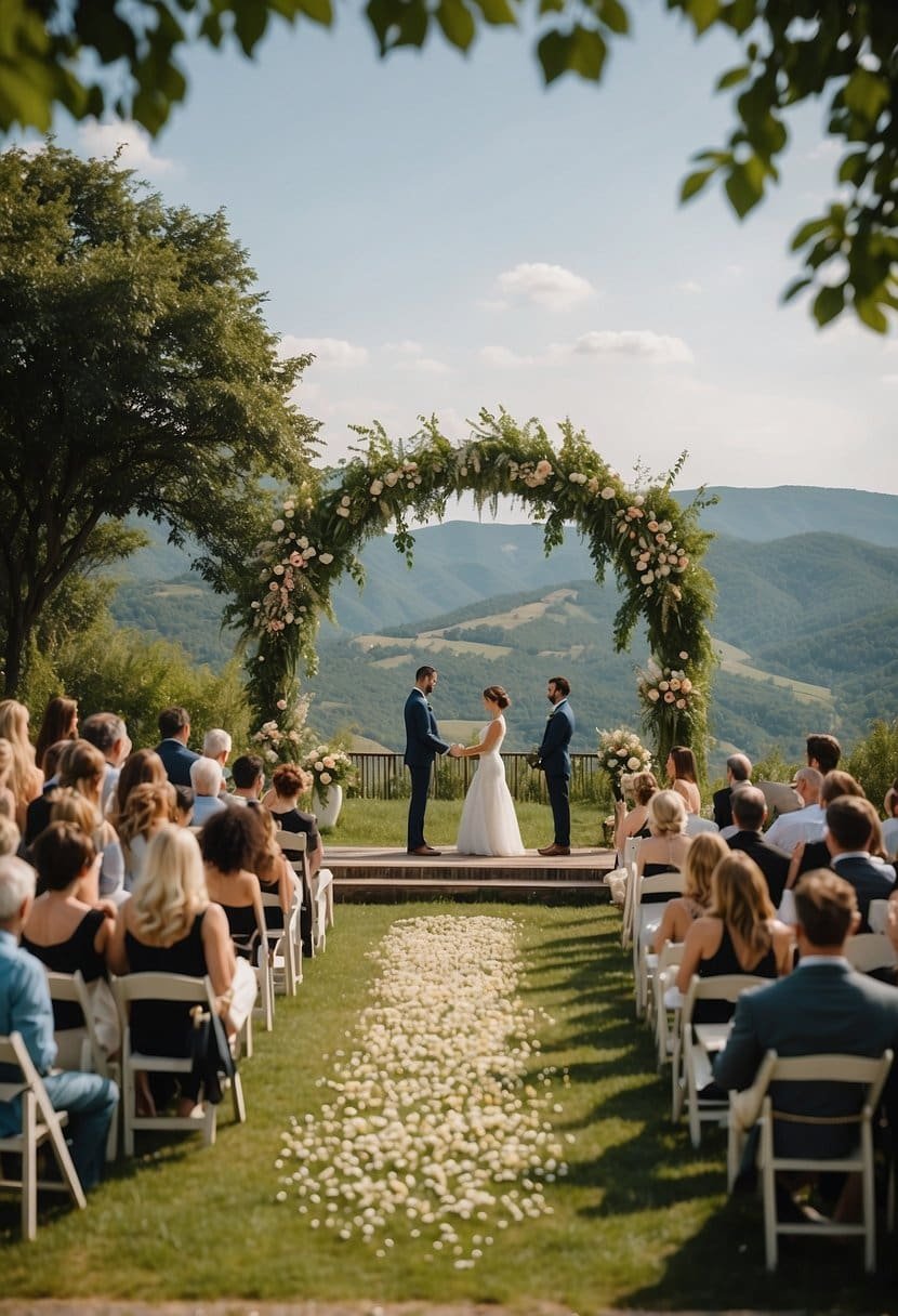 A small wedding ceremony on a scenic hilltop with a simple arch, surrounded by lush greenery and overlooking a breathtaking view