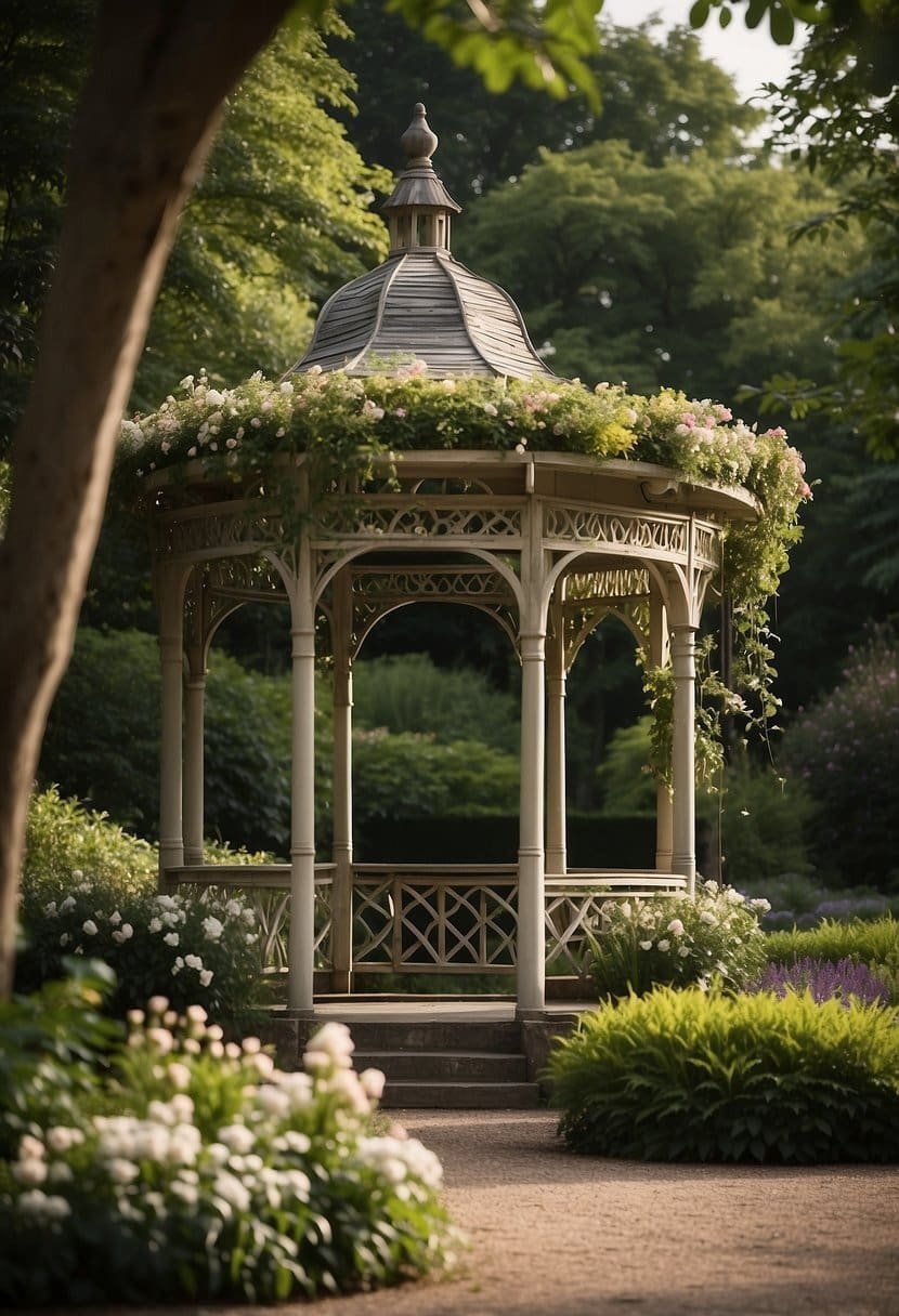 A charming gazebo in a lush botanical garden, adorned with delicate flowers and twinkling fairy lights, set for an intimate wedding ceremony