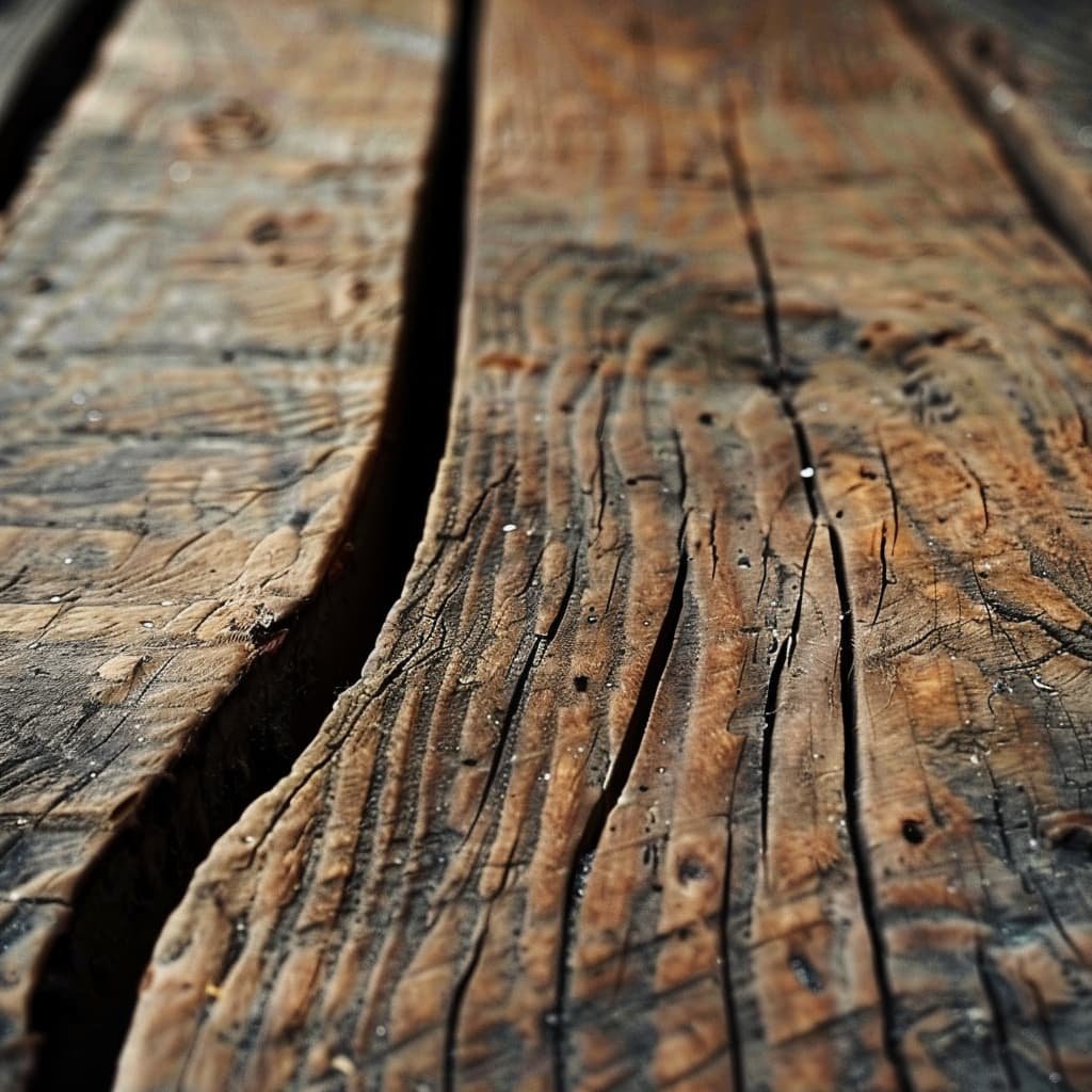 A close-up of a warped hardwood floorboard