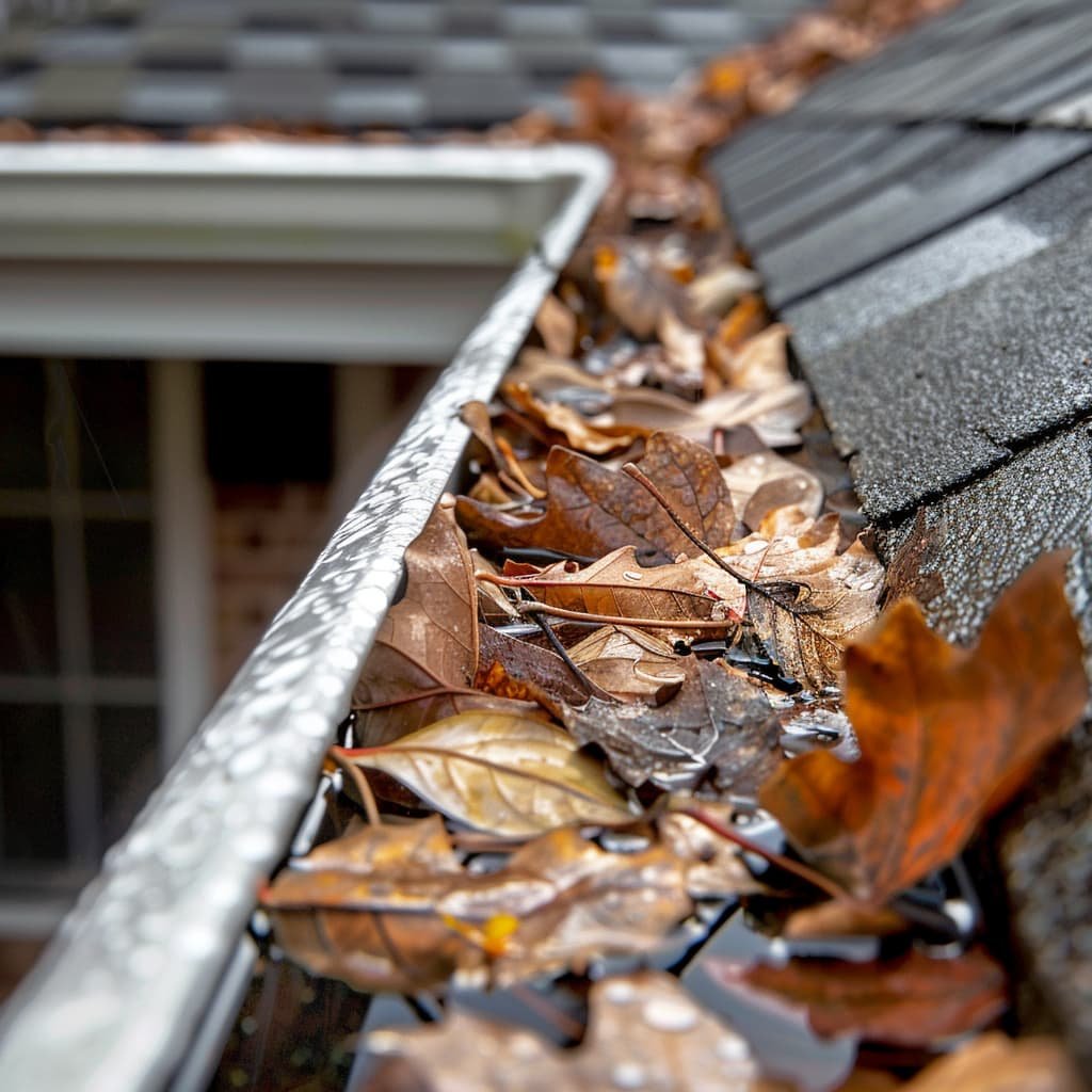A close-up photo of a clogged gutter overflowing with leaves and debris